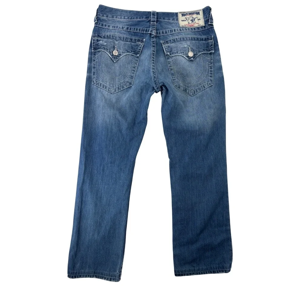 True Religion Straight Jeans Mens 34 Blue Distressed Ripped Denim Streetwear
